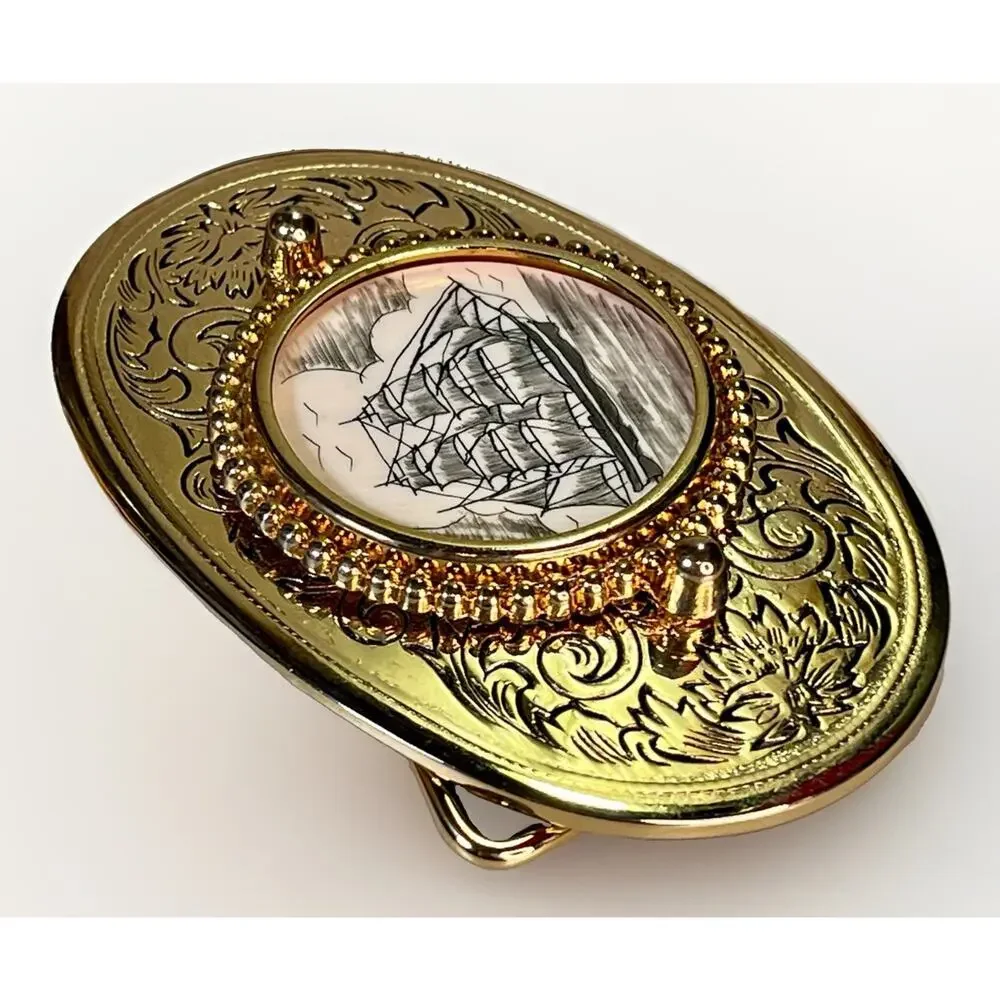 VTG Solid Brass Belt Buckle w/ Handcrafted Nautical Ship Scrimshaw Center NOS